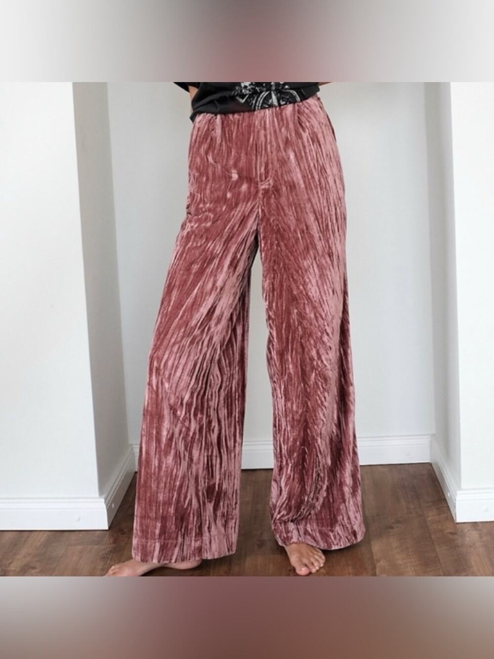 Free People Runaway Pink Velvet High Rise Wide Leg Pants Size 2